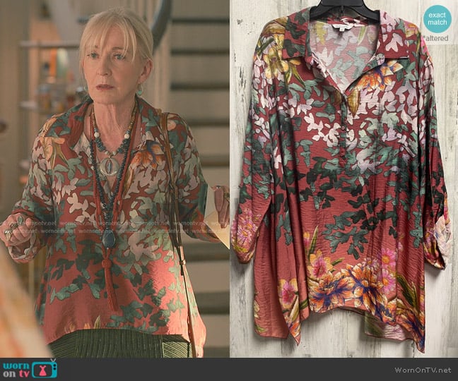 John Mark Floral Print Popover Tunic in Maroon worn by Paula Vreeland (Caroline Lagerfelt) on Sweet Magnolias