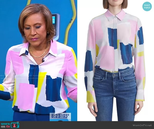 Lafayette 148 NY Scottie Silk Blouse in Grey Mist Multi worn by Robin Roberts on Good Morning America