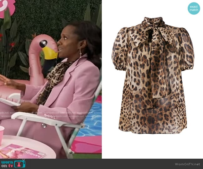 Dolce & Gabbana Leopard Print Pussy Bow Blouse worn by Deborah Roberts on Good Morning America