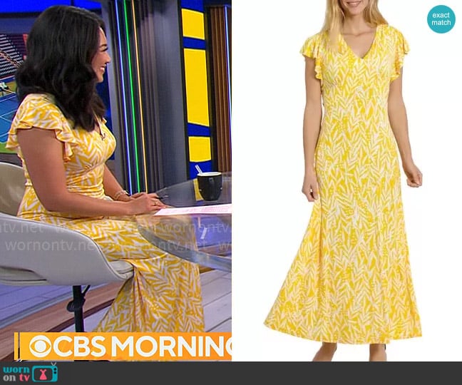 London Times Flutter Sleeve Jersey Maxi Dress worn by Nancy Chen on CBS Mornings