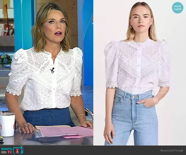 WornOnTV: Savannah’s white lace blouse and blue flare pants on Today ...