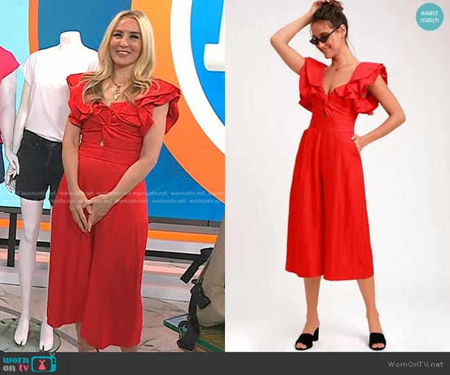 Lulus Bright Here, Bright Now Red Ruffled Culotte Jumpsuit worn by Chassie Post on Today