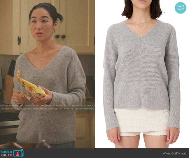 Maje Madina Ribbed V-Neck Sweater in China Grey worn by Laurel (Jackie Chung) on The Summer I Turned Pretty