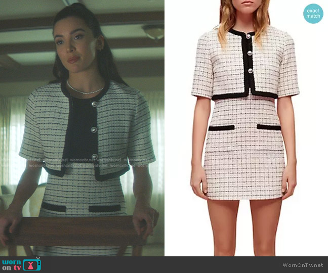 Maje Ritalo Two-Piece Look Tweed Dress worn by Bess (Maddison Jaizani) on Nancy Drew