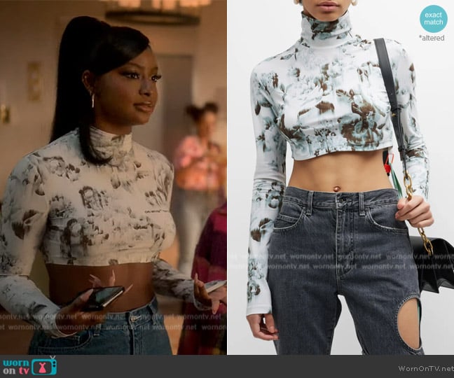 Off-White Dyed Floral Print Crop Top worn by Annika (Justine Skye) on Grown-ish