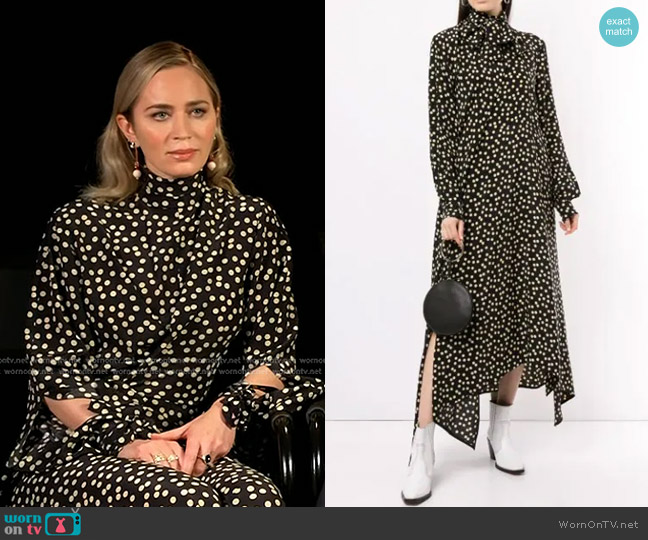 Petar Petrov Silk Polka Dot Print Dress in Black worn by Emily Blunt on Today