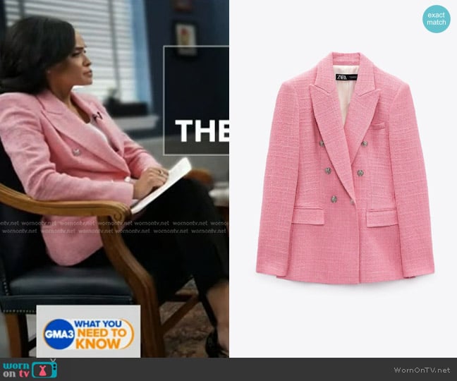 Zara Double Breasted Textured Blazer worn by Linsey Davis on Good Morning America