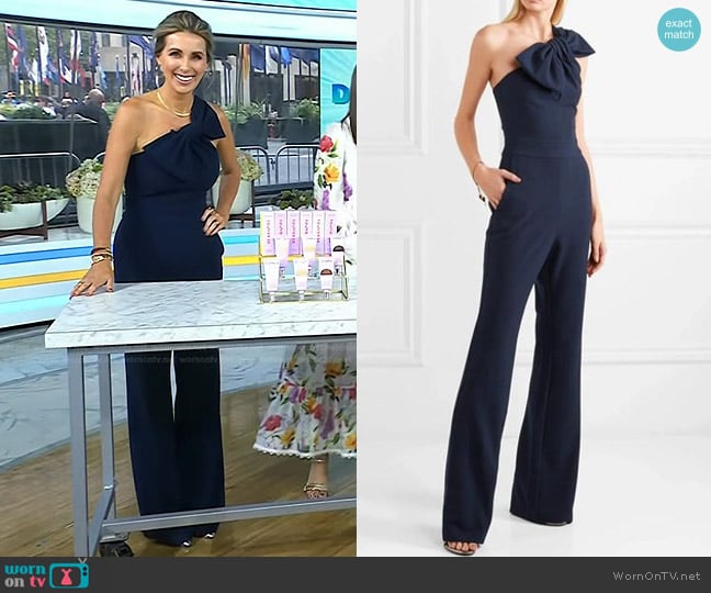 WornOnTV Sarah Eggenberger s navy bow one shoulder jumpsuit on Today Clothes and Wardrobe from TV