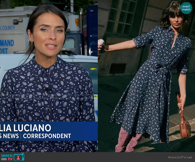 Sezane Lauretta Dress in Bandana Blue worn by Lilia Luciano on CBS Evening News