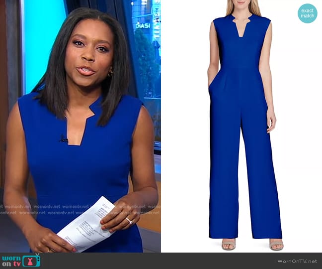 Tahari ASL Sleeveless Crepe Wide-Leg Jumpsuit worn by Rachel Scott on Good Morning America