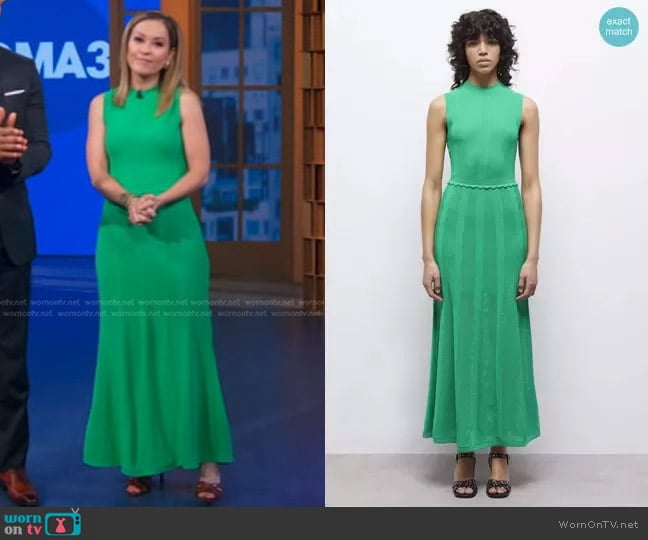 The Kooples Long Green Dress in Openwork Mesh worn by Eva Pilgrim on Good Morning America