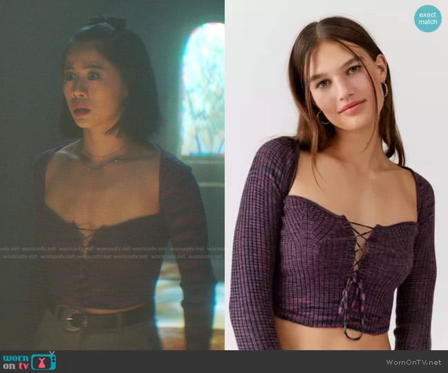 Urban Outfitters Elianna Lace-up Sweater In Dark Purple worn by George Fan (Leah Lewis) on Nancy Drew