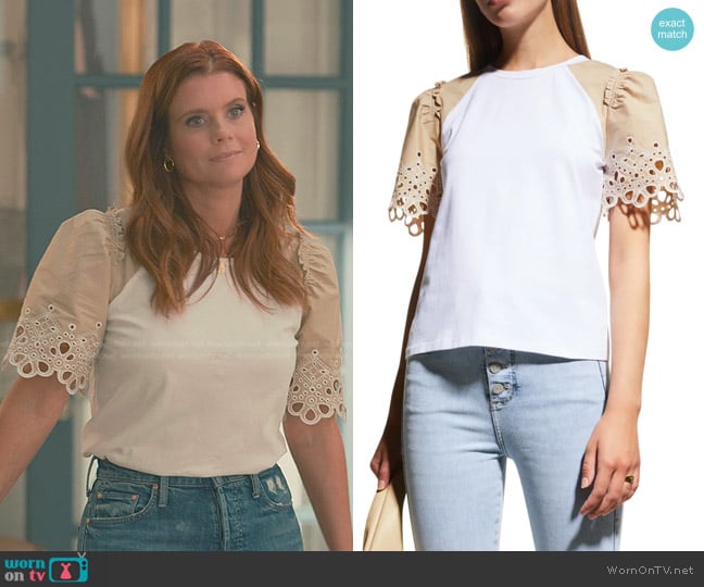 Veronica Beard Briana Embroidered Short-Puffed Sleeve Tee worn by Maddie Townsend (JoAnna Garcia Swisher) on Sweet Magnolias