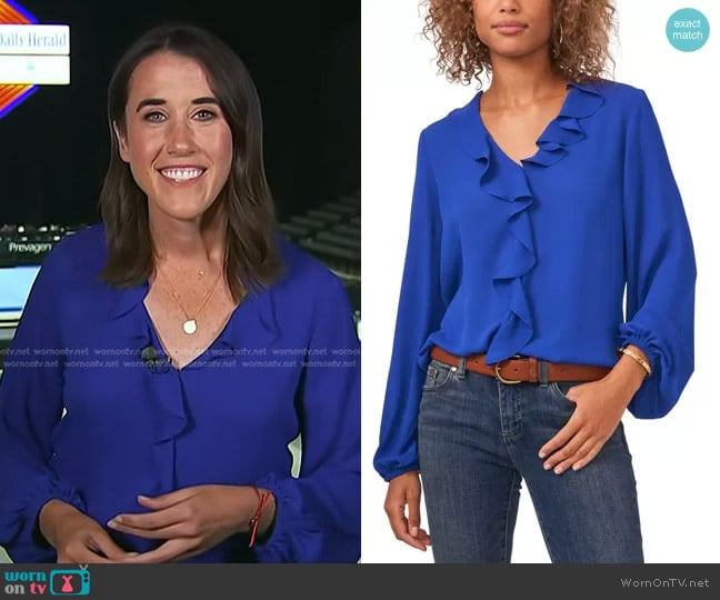 Vince Camuto Ruffle Neck Long Sleeve Georgette Blouse in Vivid Blue worn by Maggie Vespa on Today