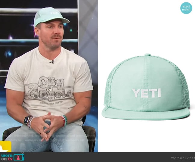 Yeti Logo Performance Hat Ice Blue worn by Stephen Amell on Access Hollywood