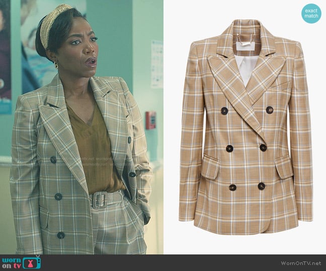 Zimmermann Double-Breasted Checked Wool Blazer in Sand worn by Helen Decatur (Heather Headley) on Sweet Magnolias