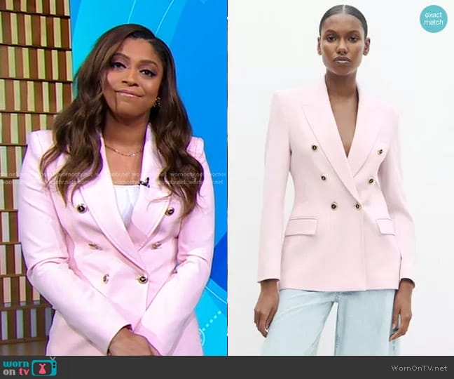 Zara Tailored Double Breasted Blazer in pink worn by Morgan Norwood on Good Morning America