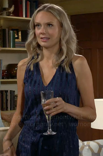 Abby's blue metallic stripe romper on The Young and the Restless
