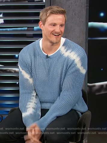 Alexander Ludwig's blue tie dye sweater on Access Hollywood