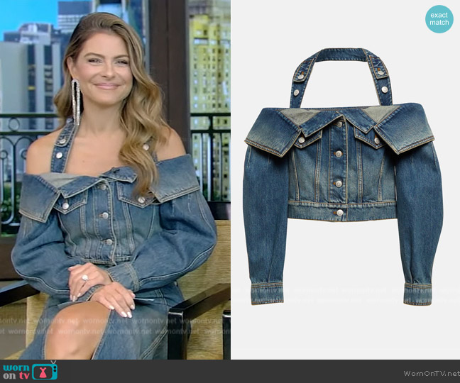 Alexander McQueen Off-the-shoulder denim halterneck top worn by Maria Menounos on Live with Kelly and Mark