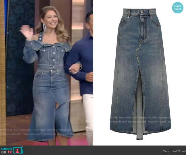 Alexander McQueen Slit-detail denim skirt worn by Maria Menounos on Live with Kelly and Mark