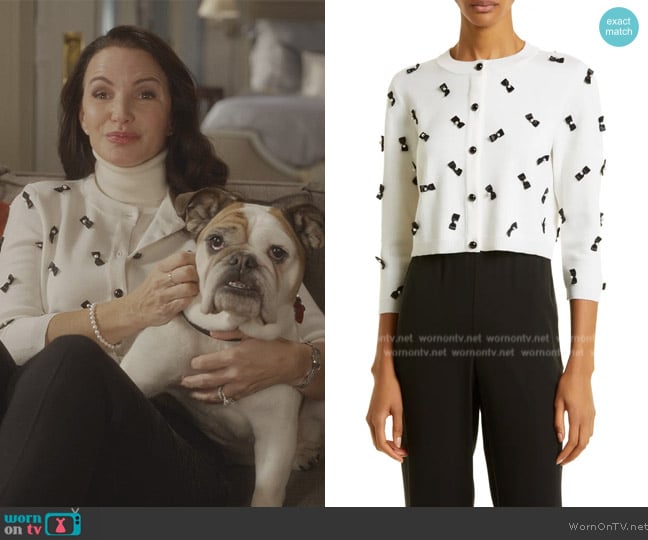 Alice + Olivia Daroda Bow Appliqué Stretch Wool Crop Cardigan worn by Charlotte York (Kristin Davis) on And Just Like That