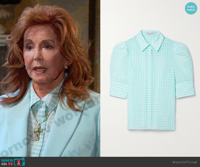 Alice + Olivia Willa Houndstooth Silk-Chiffon Top worn by Maggie Horton (Suzanne Rogers) on Days of our Lives