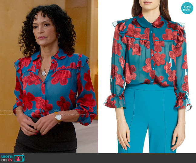 Alice + Olivia Ziggy Blouse worn by Francey (Rosa Arredondo) on So Help Me Todd