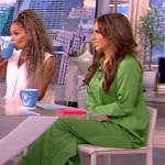 Alyssa’s green satin blouse and pants on The View