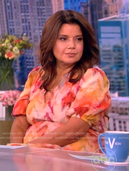 Ana's orange abstract print short sleeve dress on The View