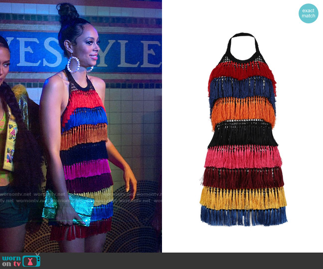 Whitney’s rainbow fringed dress on Run the World