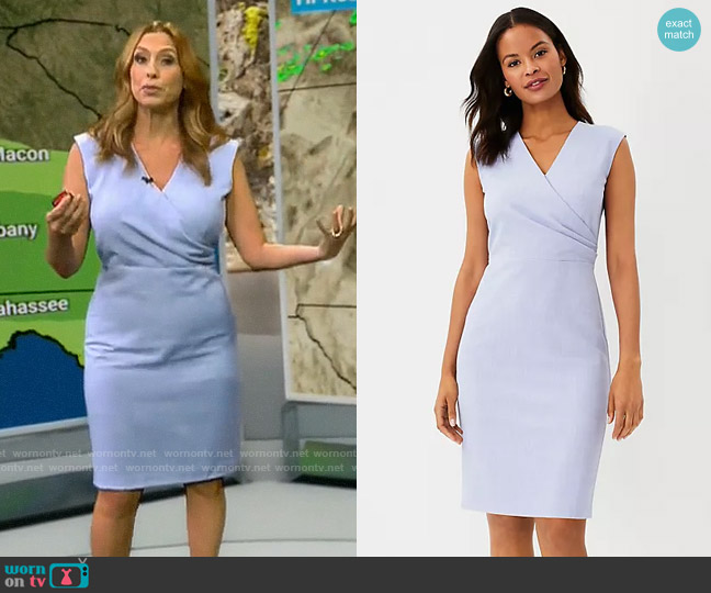 Ann Taylor The Side Tuck Wrap Sheath Dress in Cross Weave in Deep Wisteria worn by Stephanie Abrams on CBS Mornings