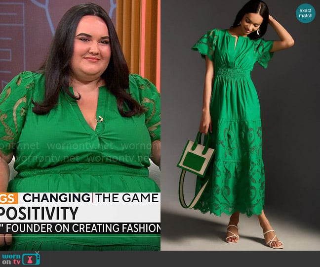 Anthropologie The Somerset Maxi Dress: Cutwork Edition in Kelly worn by Charlotte Oxnam on CBS Mornings