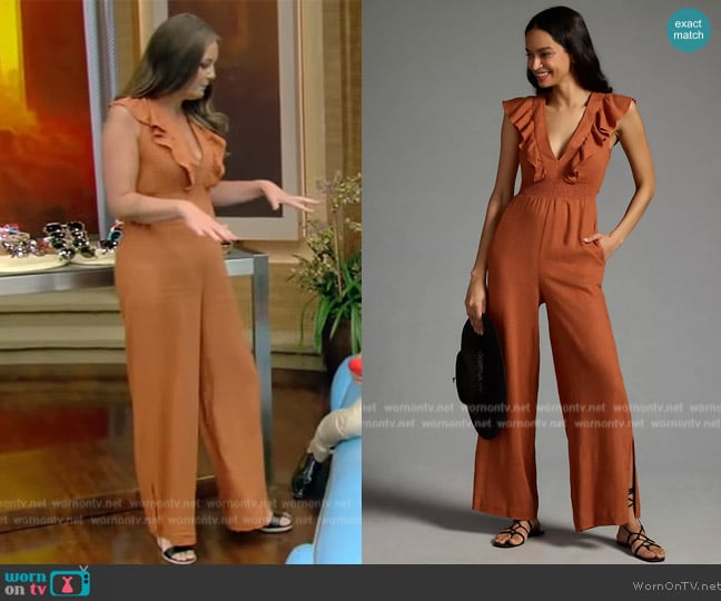 Anthropologie V-Neck Ruffle Jumpsuit worn by Monica Mangin on Live with Kelly and Mark