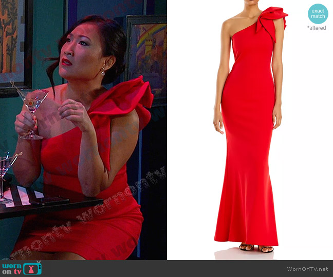 Aqua One-Shoulder Scuba Gown worn by Melinda Trask (Tina Huang) on Days of our Lives