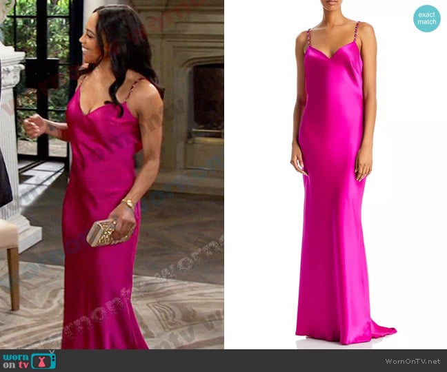 Aqua Satin Cowl Open Back Gown in Magenta worn by Jada Hunter (Elia Cantu) on Days of our Lives