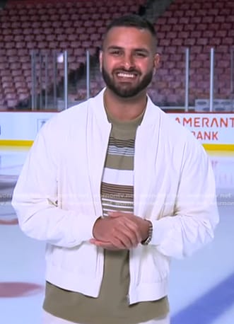 Ashan Singh's khaki striped tee on Good Morning America