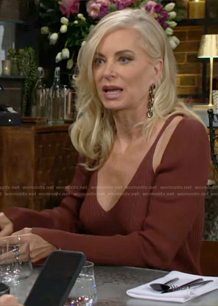 Ashley's brown knit midi dress with shrug on The Young and the Restless