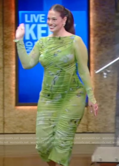 Ashley Graham's green floral ruched dress on Live with Kelly and Mark