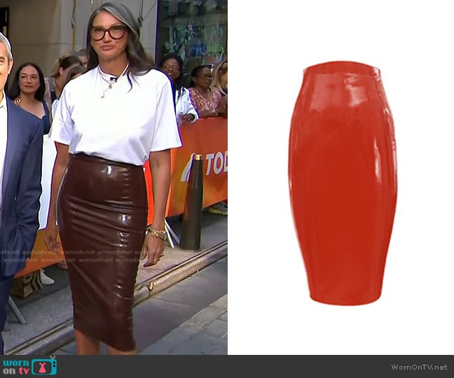 Atsuko Kudo Couture Latex Design Zip Tight Pencil Skirt in Brown worn by Jenna Lyons on Today