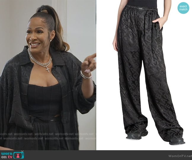 Balenciaga Satin Logo Pants worn by Sheree Whitefield on The Real Housewives of Atlanta