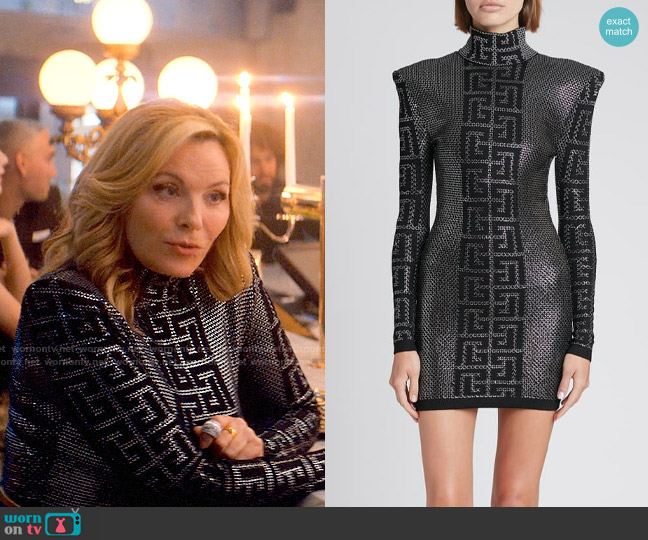 Balmain Metallic Knit Monogram Body-Con Mini Dress worn by Madolyn Addison (Kim Cattrall) on Glamorous