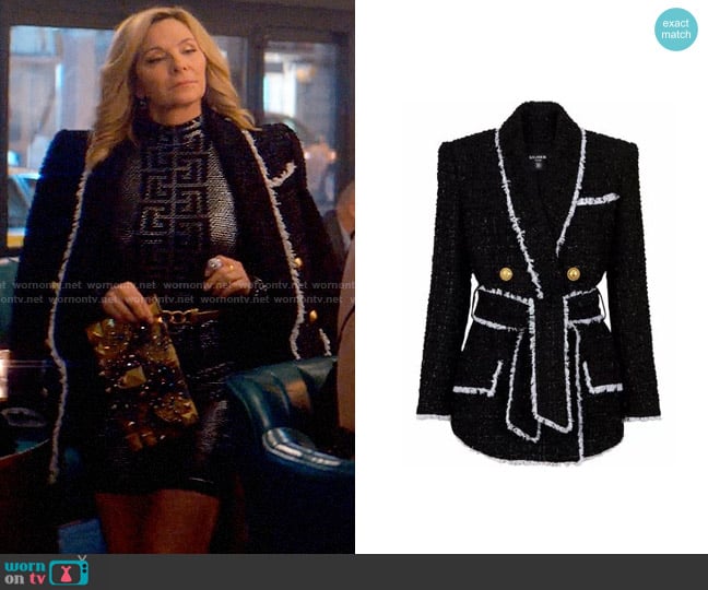 Balmain Shawl-collar Belted Tweed Jacket worn by Madolyn Addison (Kim Cattrall) on Glamorous