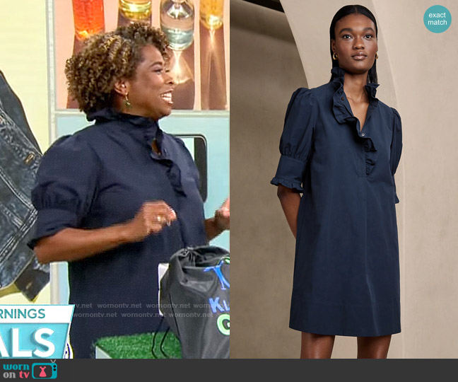 Banana Republic Mari Poplin Ruffle Mini Dress worn by Gayle Bass on CBS Mornings