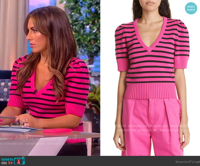 WornOnTV: Alyssa’s pink stripe short sleeve sweater on The View ...