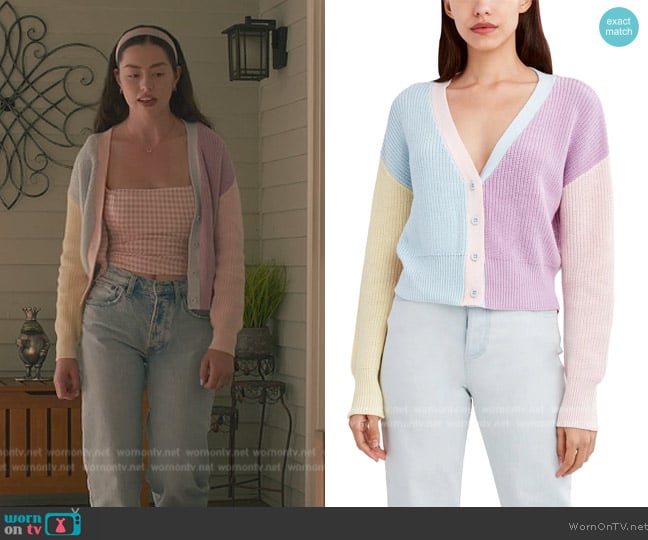 BCBGeneration Colorblock Button-Down Cardigan Sweater worn by Annie Sullivan (Anneliese Judge) on Sweet Magnolias