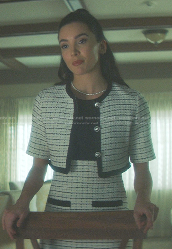 Bess's white checked cropped jacket and skirt on Nancy Drew