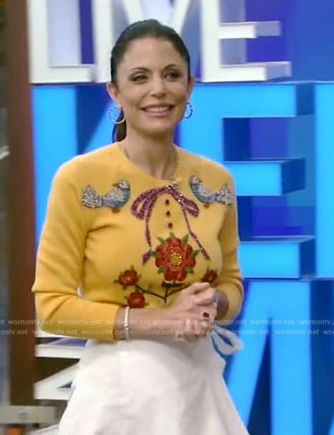 Bethenny Frankel's yellow floral sweater on Live with Kelly and Mark