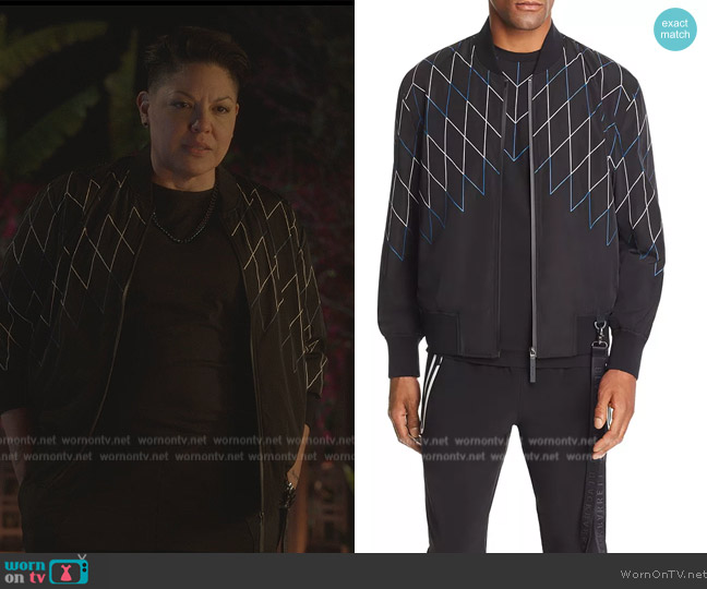 BlackBarrett by Neil Barrett Football Net-Print Bomber Jacket worn by Che Diaz (Sara Ramirez) on And Just Like That