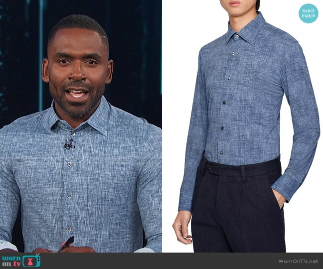 Boss Performance Stretch Denim Print Slim Fit Dress Shirt worn by Justin Sylvester on E! News